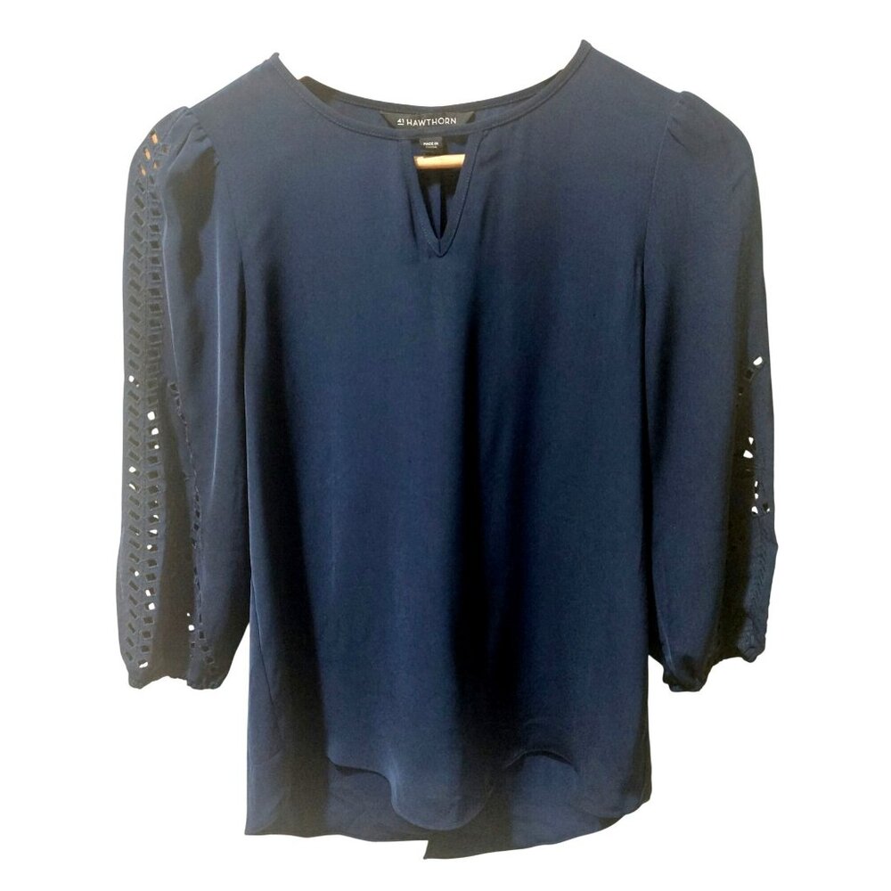 41 Hawthorn Navy Blue Blouse W/ Eyelet Sleeve Detail Size XS